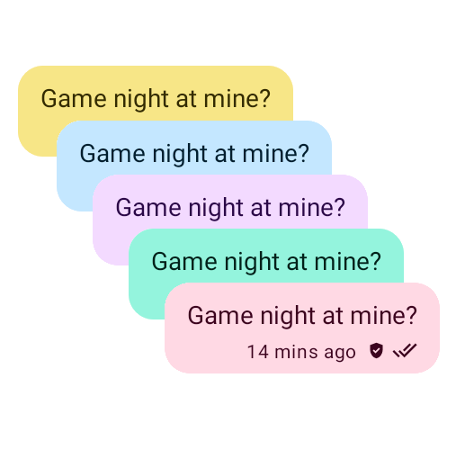 A graphic showing multiple overlapping chat bubbles, each in a different light colour, on a white background. The message says 'Game night at mine?'