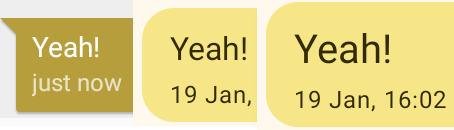 Three chat bubbles arranged left-to-right, slightly overlapping. The message says 'Yeah!'. The leftmost has the smallest font size, the middle has a slightly larger font size, and the third has a large font size.