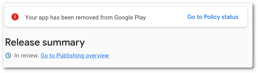 Screenshot of Google Play dashboard: Release summary: &ldquo;in review&rdquo;