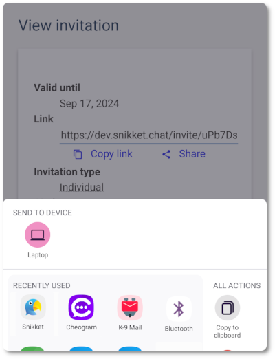 Screenshot showing an invitation, and a list of apps the link can be shared to